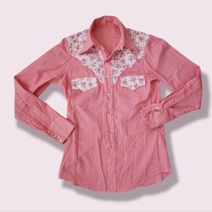 VINTAGE 70s Floral Western Cowboy Pearl Snap Button Down Shirt Size L